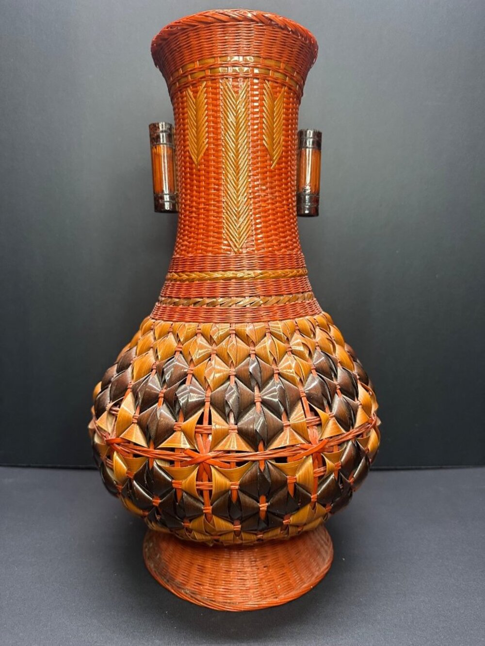 Vintage Japanese Style Woven Bamboo Ikebana Vase Bottle Orange Brown 14" Tall